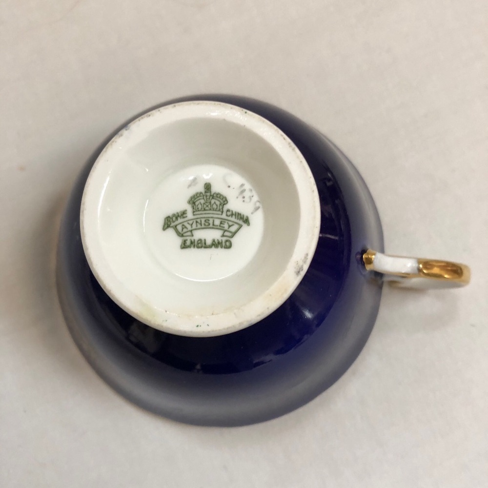 Aynsley Tea Cup & Saucer Cobalt Blue Orchard Fruit England Bone China Gold Rim - Picture 8 of 11